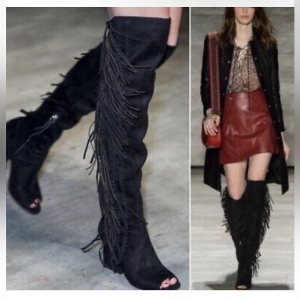 Rebecca Minkoff Black Over-the-Knee Fringe Open Toe Boots 7